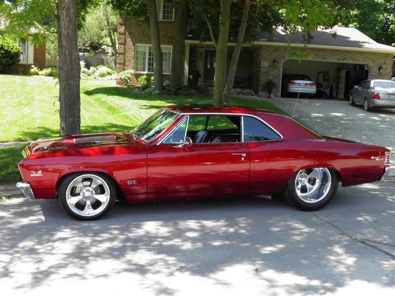 Red Classic Car — Calm, Afternoon, Photograph, House, Tree, Garage