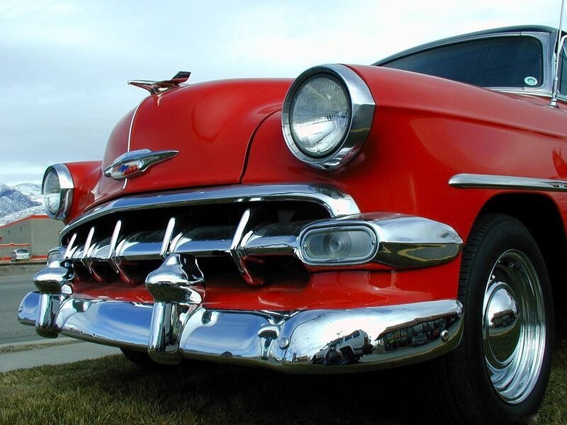 Red Classic Car — Calm, Afternoon, Photograph, Mountains