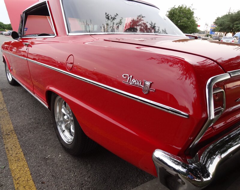 Red Classic Car — Calm, Afternoon, Photograph, Parking Lot, Trees
