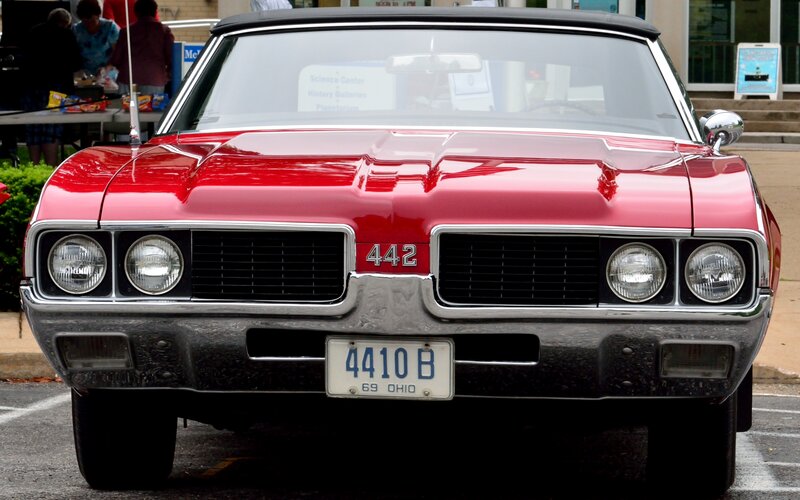 Red Classic Car — Calm, Afternoon, Photograph, People, Building