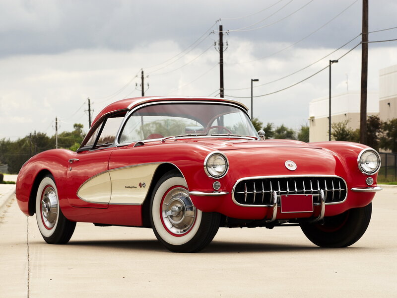 Red Classic Car — Calm, Afternoon, Photograph, Road, Power Lines