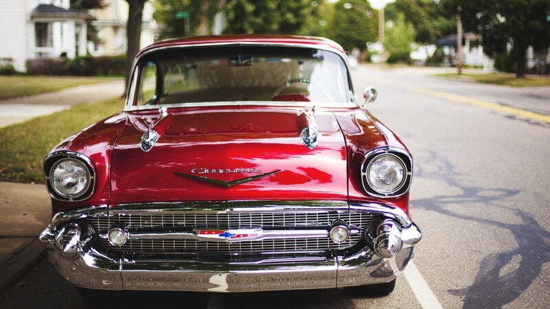 Red Classic Car — Calm, Afternoon, Photograph, Street, House, Tree