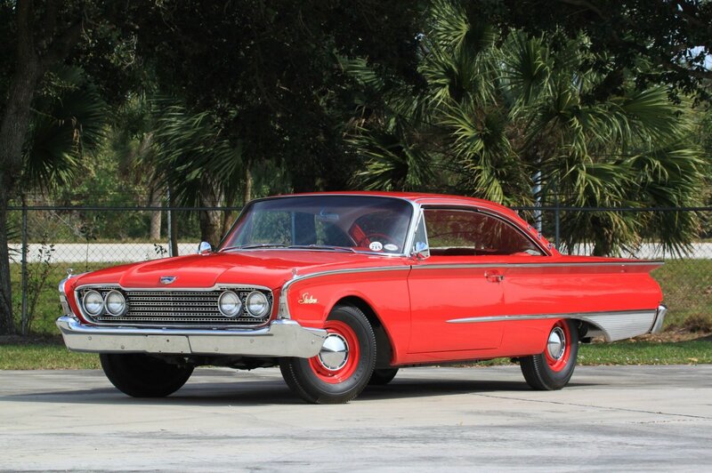 Red Classic Car — Calm, Afternoon, Photograph, Trees, Fence, Palm Trees
