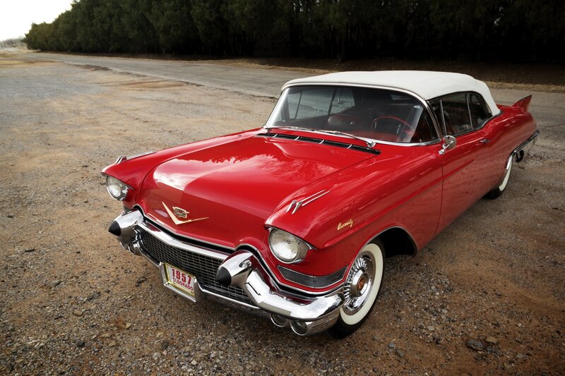 Red Classic Car — Calm, Afternoon, Photograph, White Convertible Top