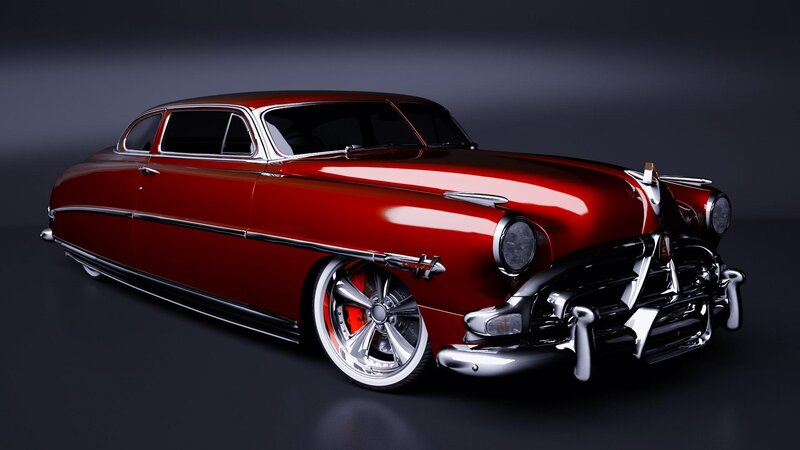 Red Classic Car — Dramatic, 3d Render, Chrome Grille, Custom Wheels