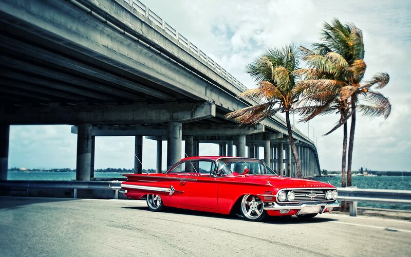 Red Classic Car — Dramatic, Afternoon, Photograph, Bridge