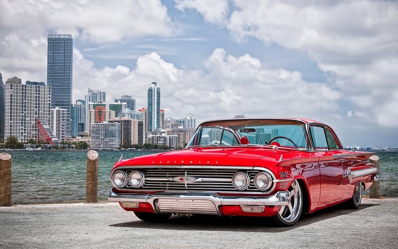 Red Classic Car — Dramatic, Afternoon, Photograph, City Skyline