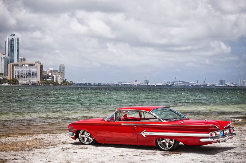 Red Classic Car — Dramatic, Afternoon, Photograph, City Skyline, Water, Beach
