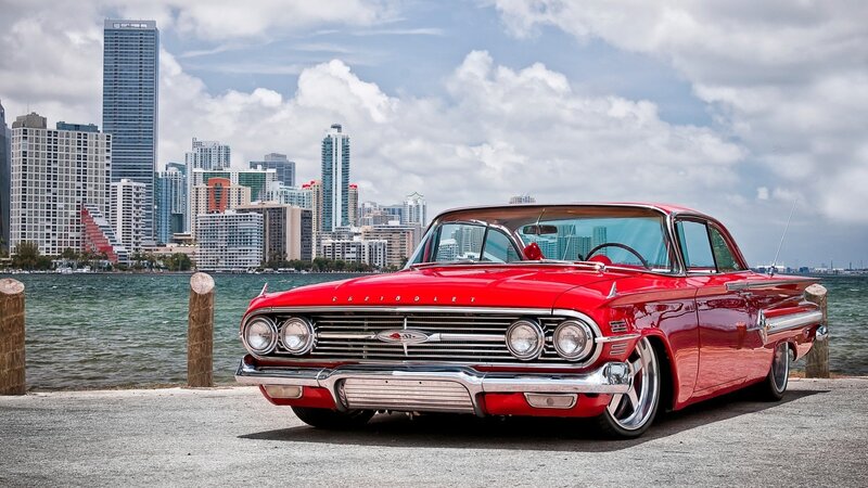 Red Classic Car — Dramatic, Afternoon, Photograph, City Skyline, Water, Pier, Blue