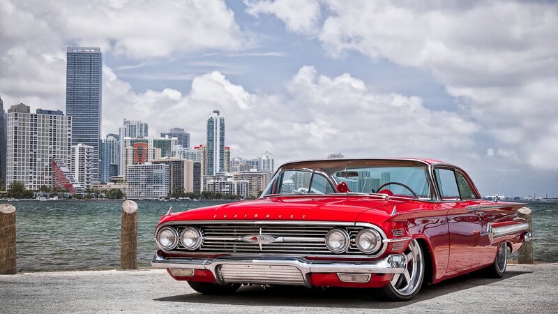 Red Classic Car — Dramatic, Afternoon, Photograph, City Skyline, Water, Pier