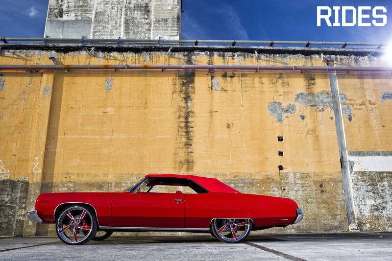Red Classic Car — Dramatic, Afternoon, Photograph, Concrete Wall, Blue Sky