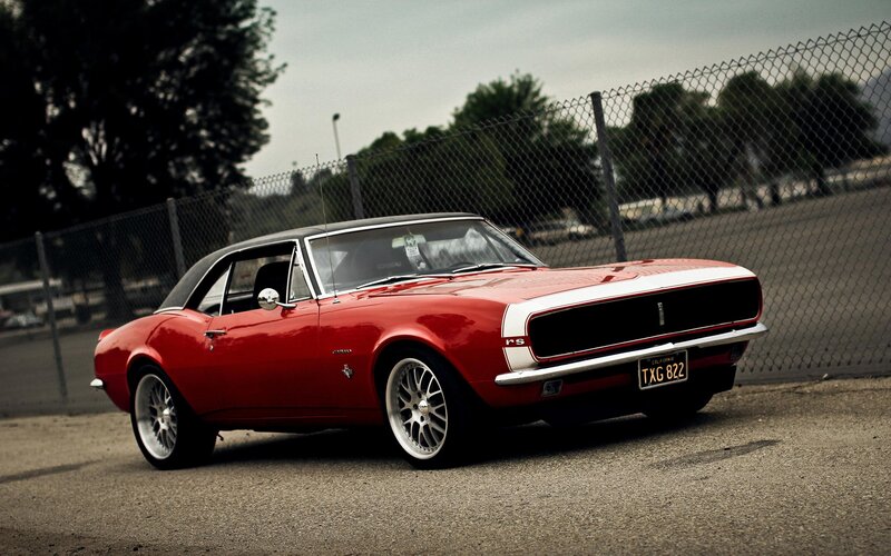 Red Classic Car — Dramatic, Afternoon, Photograph, Fence, Trees