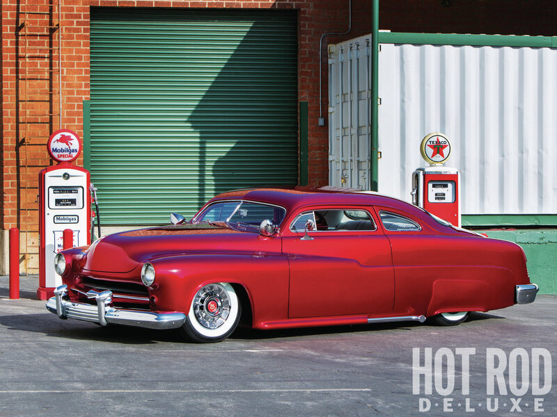 Red Classic Car — Dramatic, Afternoon, Photograph, Gas Pumps
