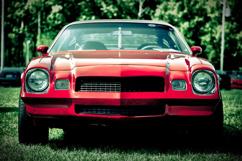 Red Classic Car — Dramatic, Afternoon, Photograph, Grass, Trees