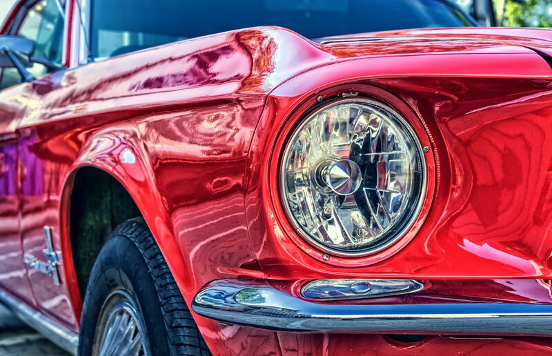 Red Classic Car — Dramatic, Afternoon, Photograph, Headlight