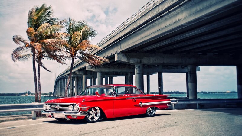 Red Classic Car — Dramatic, Afternoon, Photograph, Palm Trees, Bridge, Ocean
