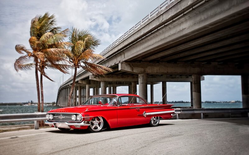 Red Classic Car — Dramatic, Afternoon, Photograph, Palm Trees, Bridge