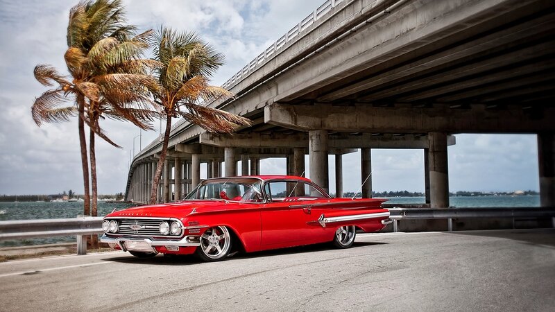 Red Classic Car — Dramatic, Afternoon, Photograph, Palm Trees, Bridge, Water