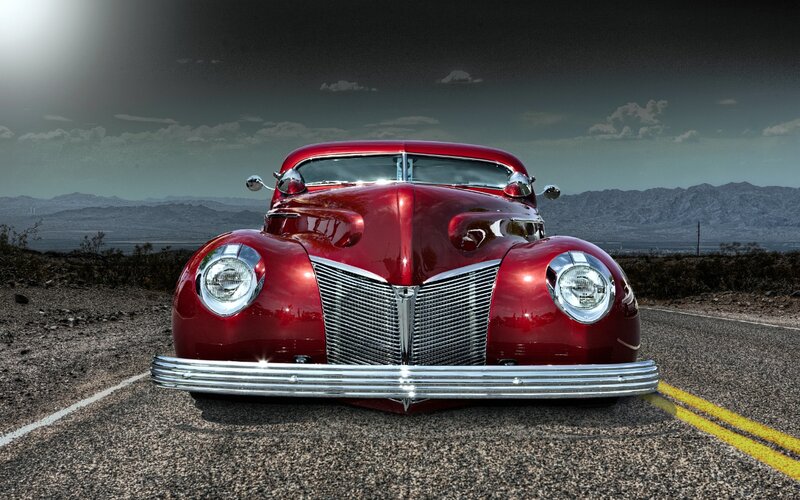 Red Classic Car — Dramatic, Afternoon, Photograph, Road, Mountains