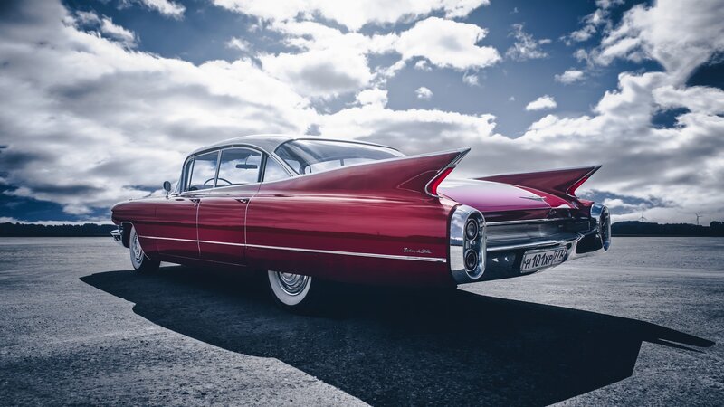Red Classic Car — Dramatic, Afternoon, Photograph, Sky, Clouds