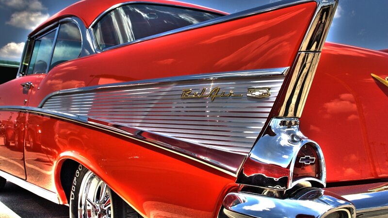 Red Classic Car — Dramatic, Afternoon, Photograph, Sky