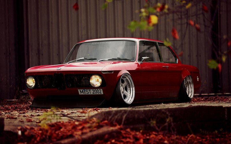 Red Classic Car — Dramatic, Autumn, Photograph, Leaves