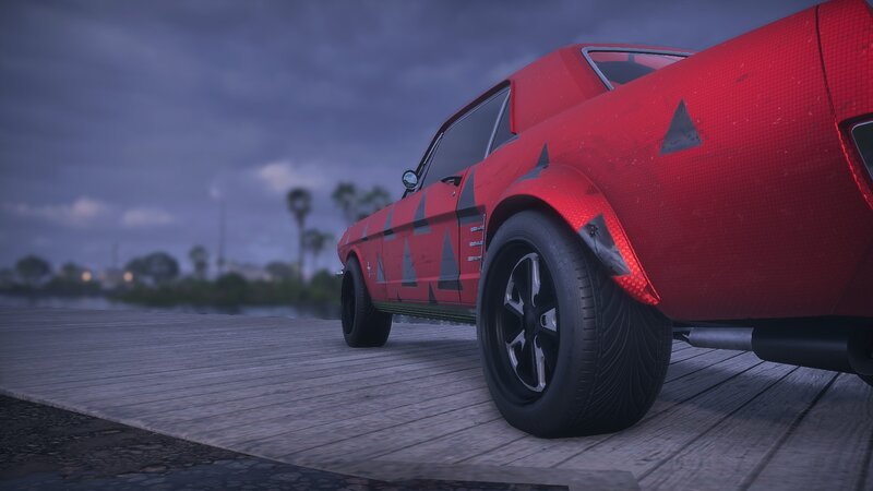 Red Classic Car — Dramatic, Night, 3d Render, Wooden Dock