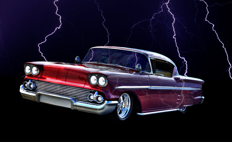 Red Classic Car — Dramatic, Night, Digital Art, Lightning