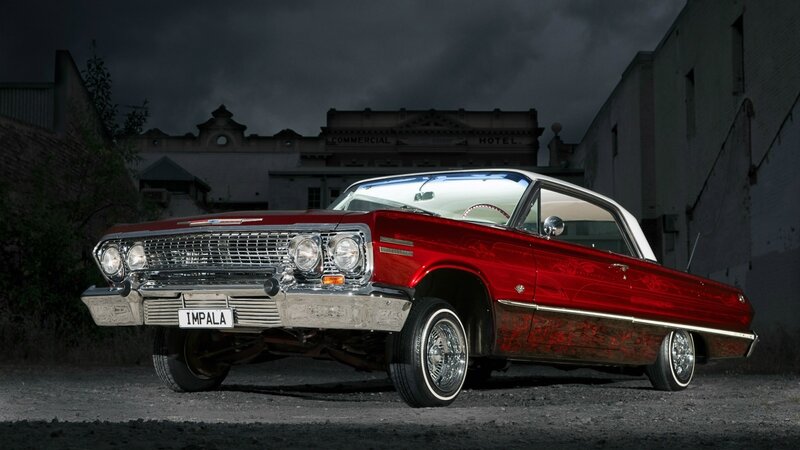 Red Classic Car — Dramatic, Night, Photograph, Building
