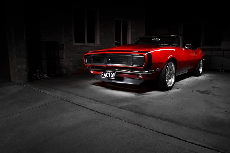 Red Classic Car — Dramatic, Night, Photograph, Garage, License Plate