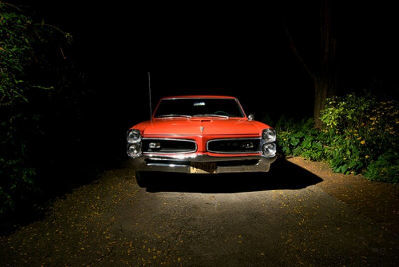 Red Classic Car — Dramatic, Night, Photograph, Road