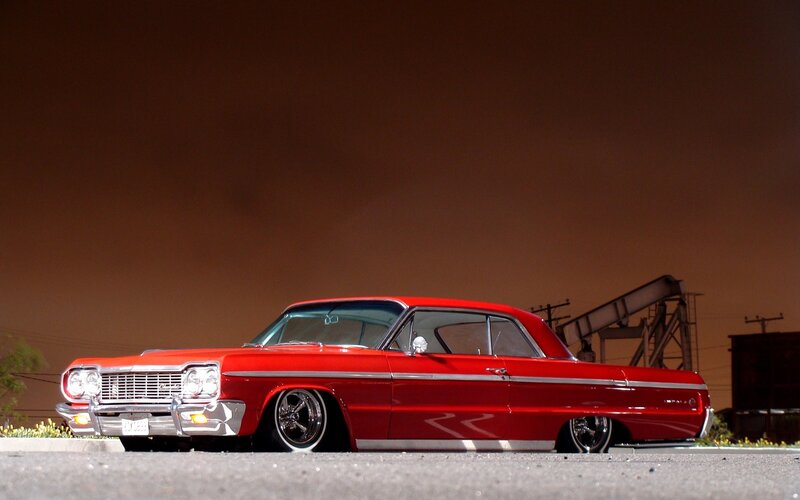 Red Classic Car — Dramatic, Night, Photograph, Sky, Building