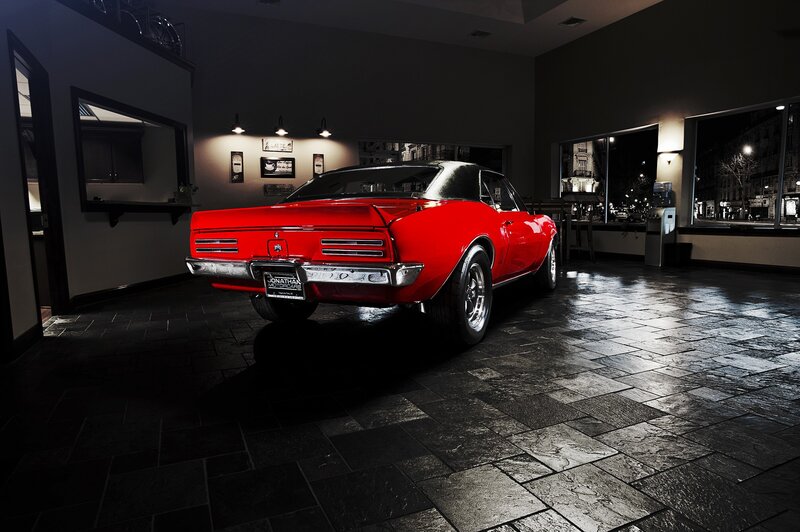 Red Classic Car — Dramatic, Night, Photograph, Tiled Floor