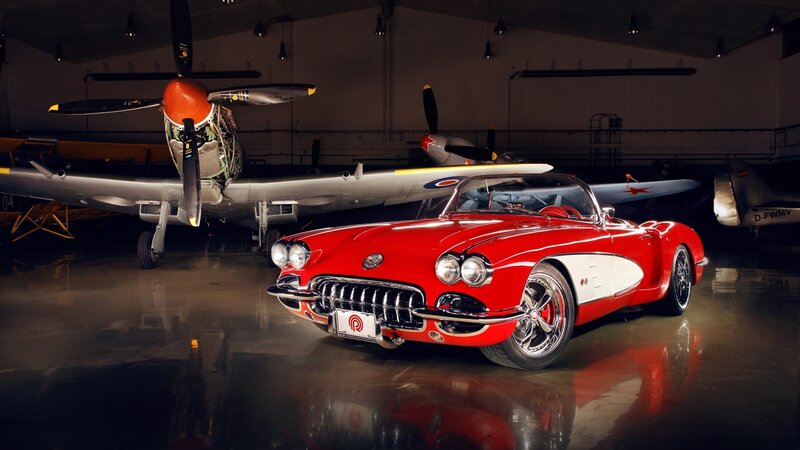 Red Classic Car — Dramatic, Photograph, Airplane, Hangar, Propeller