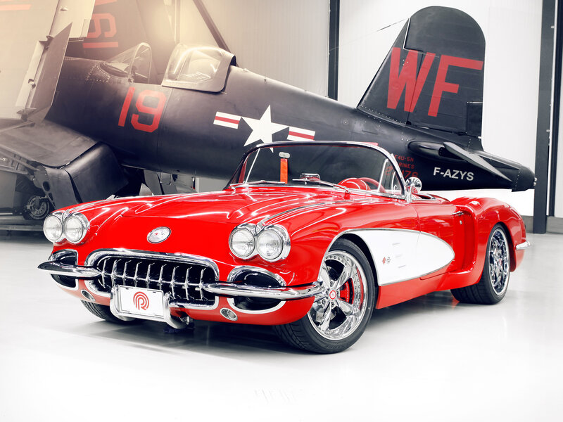 Red Classic Car — Dramatic, Photograph, Airplane, Hangar