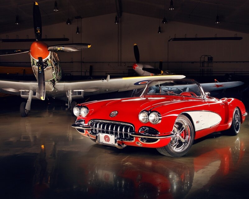 Red Classic Car — Dramatic, Photograph, Airplane