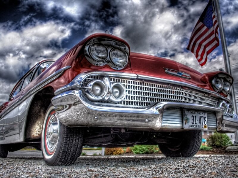 Red Classic Car — Dramatic, Photograph, American Flag, Cloudy Sky