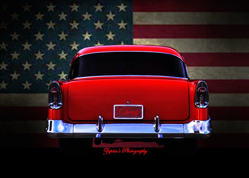 Red Classic Car — Dramatic, Photograph, American Flag, License Plate