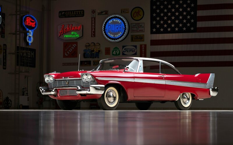 Red Classic Car — Dramatic, Photograph, American Flag, Neon Signs