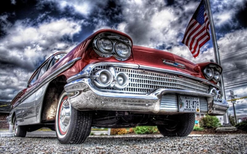 Red Classic Car — Dramatic, Photograph, American Flag