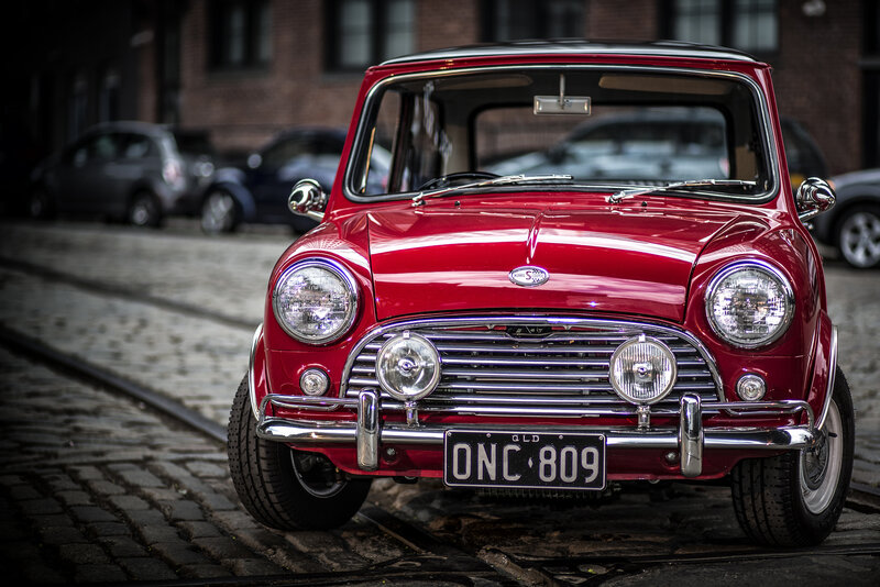 Red Classic Car — Dramatic, Photograph, Cobblestone Street
