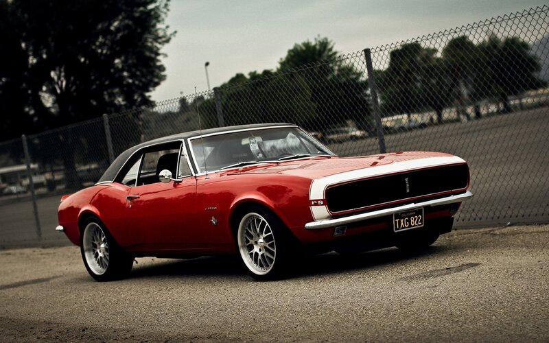 Red Classic Car — Dramatic, Photograph, Fence, Trees