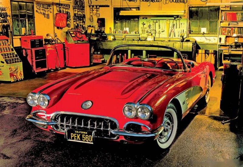 Red Classic Car — Dramatic, Photograph, Garage, Tools