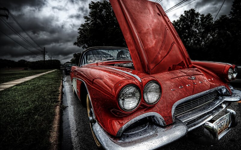 Red Classic Car — Dramatic, Photograph, Hood, Road, Black