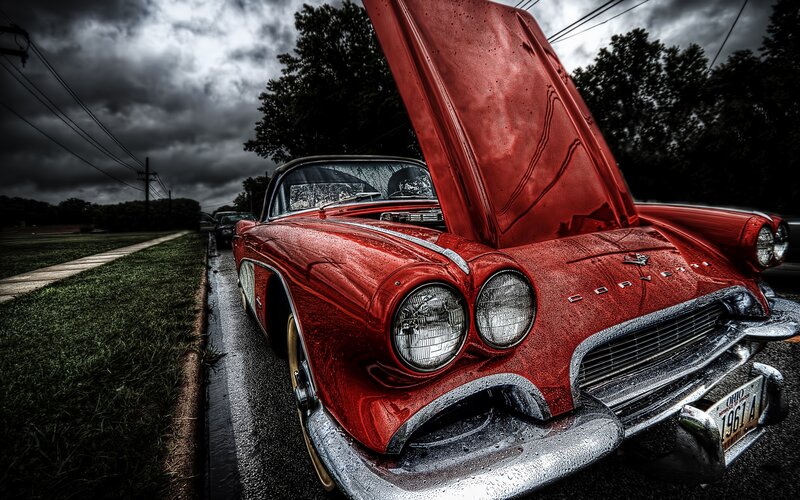 Red Classic Car — Dramatic, Photograph, Hood, Road