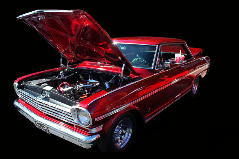 Red Classic Car — Dramatic, Photograph, Open Hood