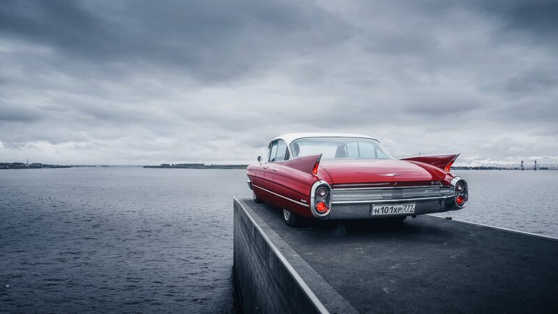 Red Classic Car — Dramatic, Photograph, Water