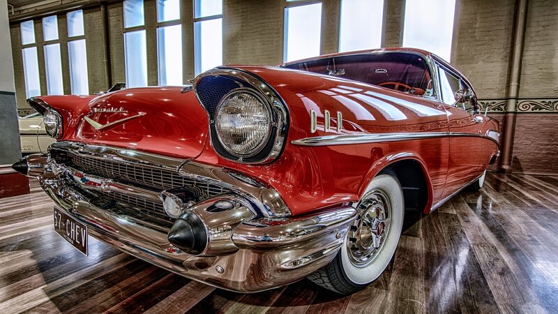 Red Classic Car — Dramatic, Photograph, Wood Floor