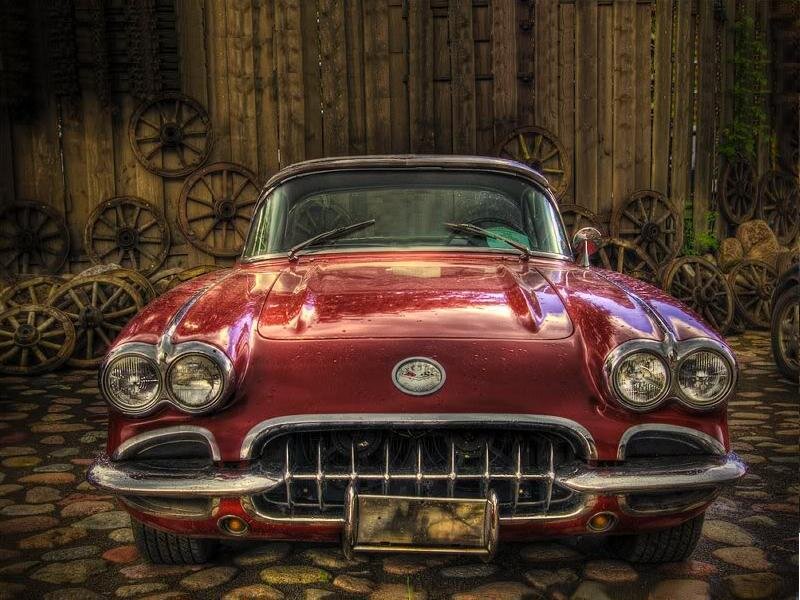Red Classic Car — Dramatic, Photograph, Wooden Fence