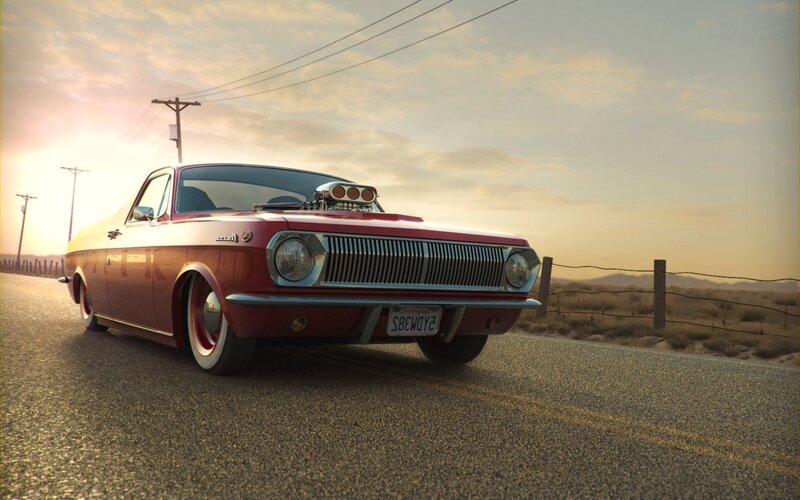Red Classic Car — Dramatic, Sunset, 3d Render, Road